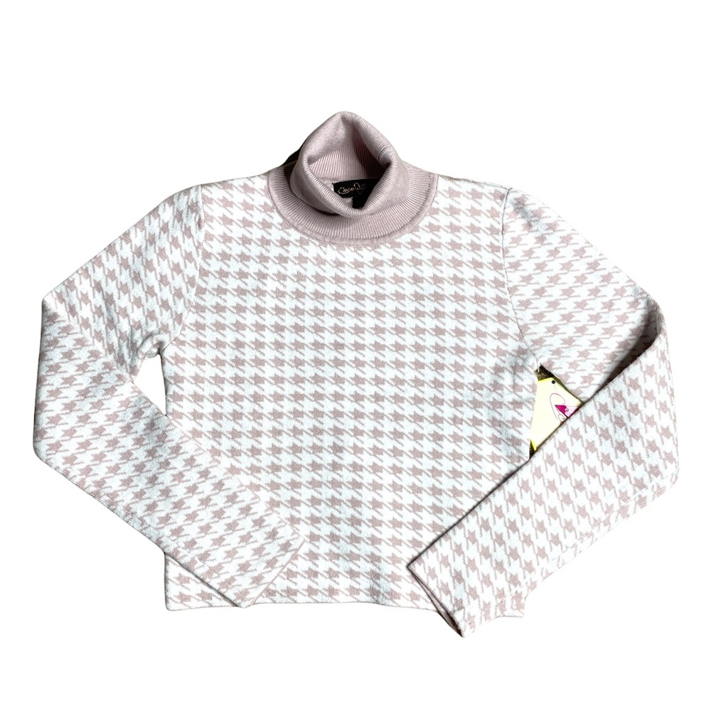 New Cropped Sweater Backless Pullover Turtleneck Sz M Houndstooth Pink Open Back